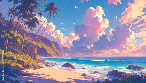 A vibrant and enchanting sunset over an exotic island, with palm trees swaying in the breeze, colorful clouds casting long shadows on golden sand, waves crashing against rocks at shore's edge