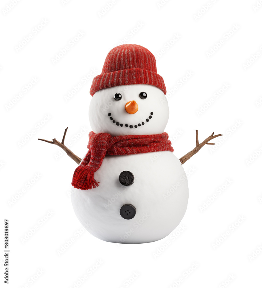 A charming snowman adorned with a knitted hat and scarf isolated on a transparent background, radiating winter joy. Generative AI