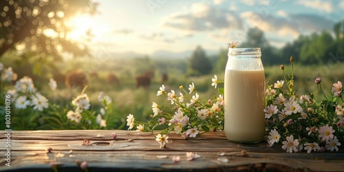 Pastoral charm abounds as a gentle cow grazes in lush meadow, accompanied by milk bottle and glass, an evocative portrayal of countryside serenity and wholesome dairy delights.