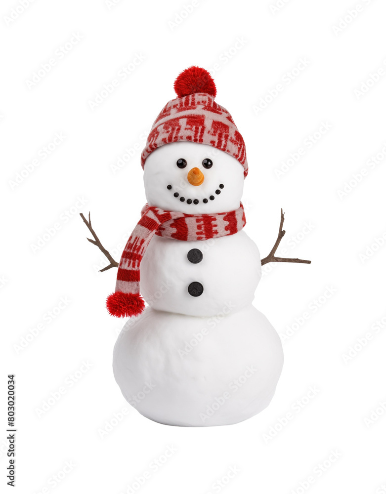 A charming snowman adorned with a knitted hat and scarf isolated on a transparent background, radiating winter joy. Generative AI