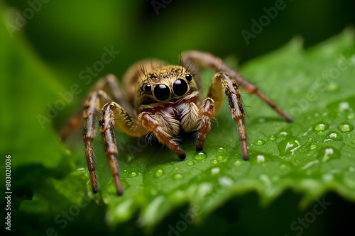 Nature's Intricacies Revealed: Macro Photo of Spider on Green Leaf Offers Close-Up Glimpse of Wildlife, background blurred