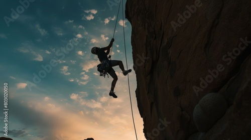Silhouette of a rock climber climbing in the evening, sky in the background
