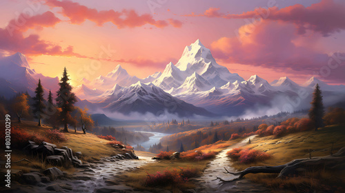 A high mountain pass at sunset  where the fading light paints the snow-capped peaks in shades of pink and orange  and a narrow  winding road offers a path through the breathtaking landscape.
