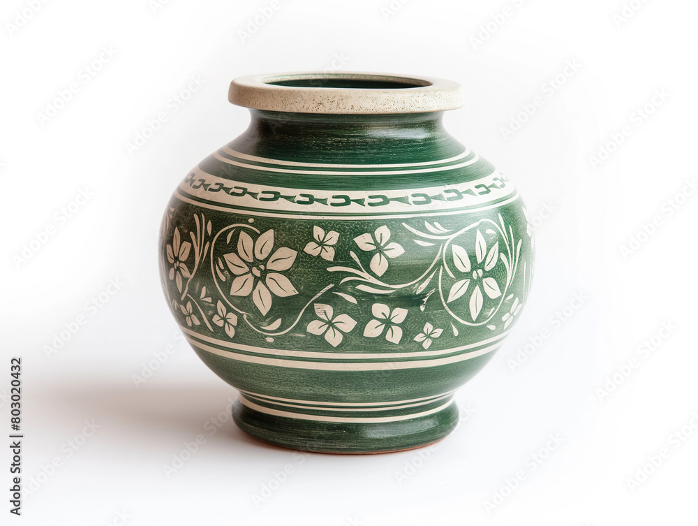 Green ceramic vase with white floral pattern