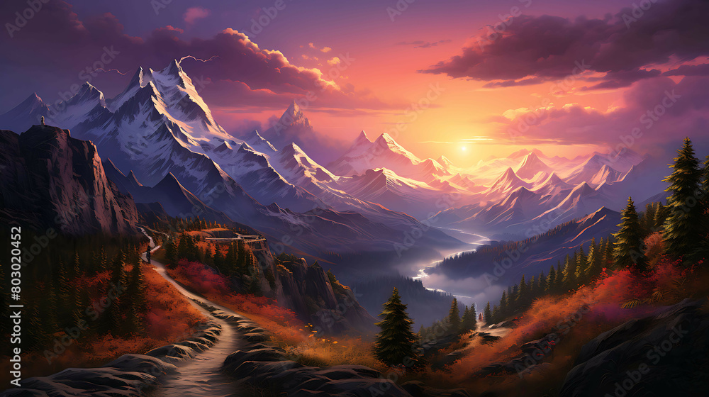 A high mountain pass at sunset, where the fading light paints the snow-capped peaks in shades of pink and orange, and a narrow, winding road offers a path through the breathtaking landscape.
