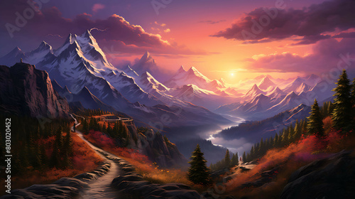 A high mountain pass at sunset, where the fading light paints the snow-capped peaks in shades of pink and orange, and a narrow, winding road offers a path through the breathtaking landscape.