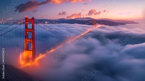 Golden Gate at sunset, fog around it