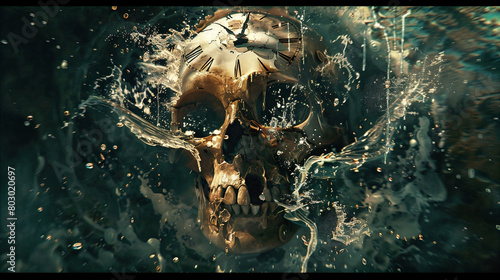 a large clock melting on top of a skull and falling off the sides, background splashing water, photo realistic. photo