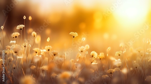 Warm Floral Sunset: Abstract Field of Blue Blossoms and Grass Meadow