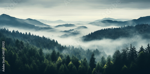 A panoramic view of mist-covered mountains and dense forest creates an ethereal atmosphere. The composition includes vast mountainous terrain with rolling hills covered in evergreen trees. photo