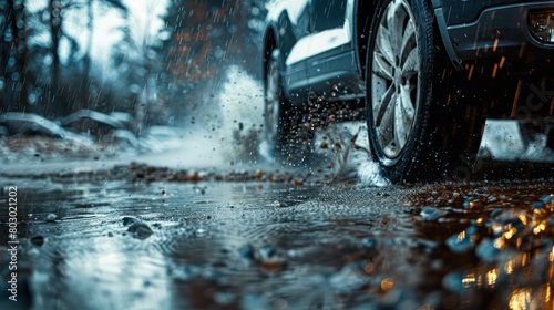 Car alloy wheels and tires, driving in wet conditions with water and puddle splashes. © Denny