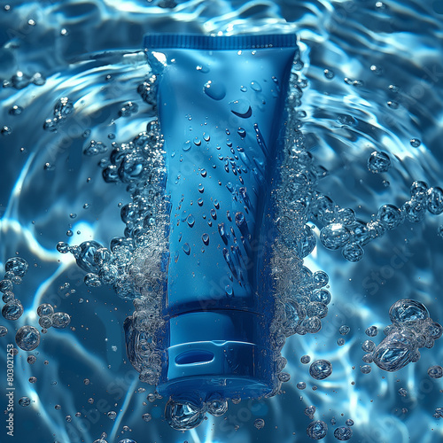 Blue tube of cosmetic underwater, product photo concept.