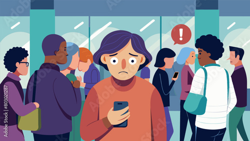 In a crowded mall a person who is nonverbal due to severe anxiety uses a communication app on their phone to ask for help from their caregiver.. Vector illustration