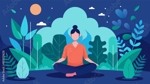 A person sitting in a meditation room surrounded by calming greenery and incorporating deep breaths as they mentally connect with their plants..