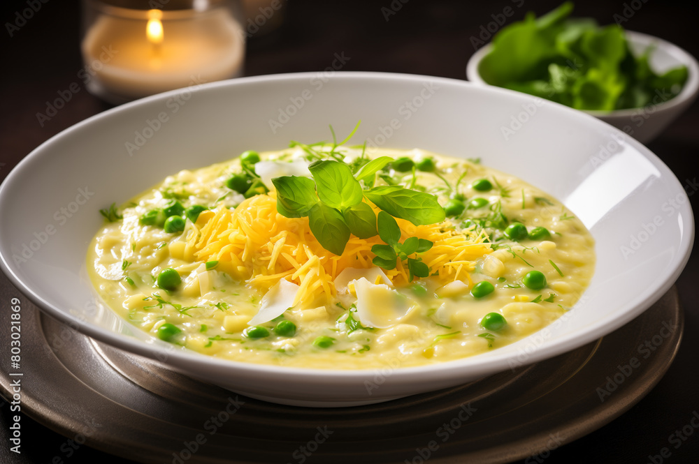 Portion of Cheese  soup with potato and green pea in white ceramic bowl. Horizontal, close-up, side view on dark background.