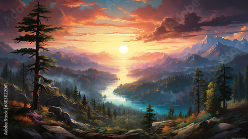 A panoramic view of a vast, tranquil river meandering through a dense forest, with the sun setting behind the mountains, casting a spectrum of pinks and oranges across the sky and water.