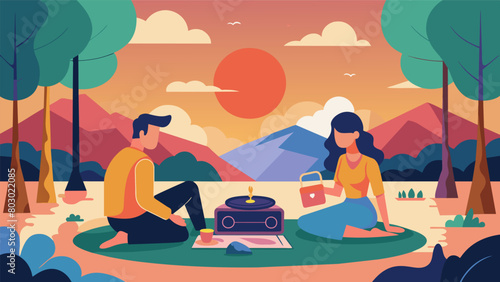 As the sun sets a couple enjoys a picnic in the park their portable record player filling the warm summer air with the sounds of their favorite music. Vector illustration