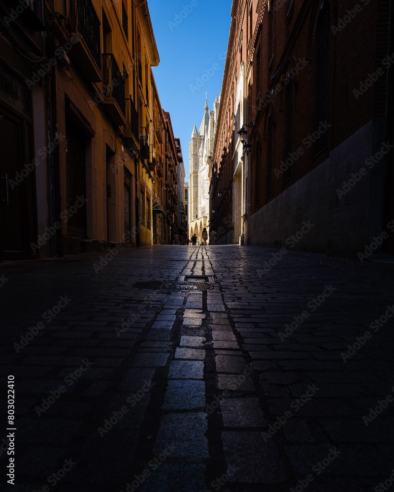 View of a dark street with cobblestones leading to the cathedral of Leon - Spain.