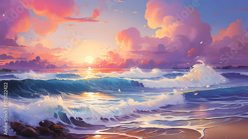A peaceful coastal scene where the setting sun dips below the horizon, illuminating the clouds and the sea in shades of pink, orange, and purple, with gentle waves lapping at the shore. © Muhammad