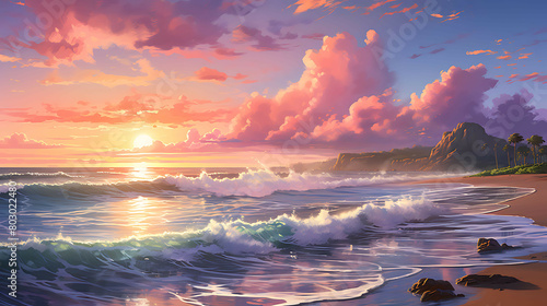 A peaceful coastal scene where the setting sun dips below the horizon, illuminating the clouds and the sea in shades of pink, orange, and purple, with gentle waves lapping at the shore.