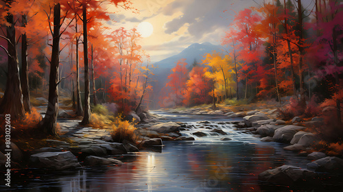 A peaceful river meandering through a colorful, autumnal landscape, with banks lined by trees showcasing a vibrant display of reds, oranges, and yellows, reflecting beautifully on the water's surface. photo