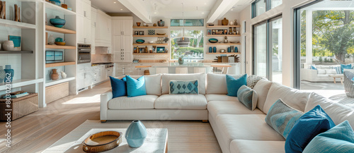 Beautiful living room and kitchen interior design with white cabinets  blue accents  grey sofa in the style of farmhouse chic  light brown walls  light gray ceiling with beams  glass door bookcase
