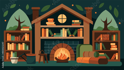 The cottages library is a cozy haven with shelves lined with worn leatherbound books and a fireplace crackling with warmth..