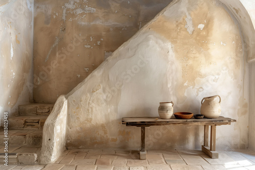 Rustic table and plaster walls