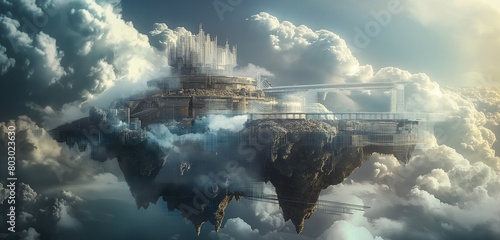 A digital fortress island floating in a cyber sea, with clouds looming overhead. The fortress is connected to the clouds via secure data bridges, symbolizing secure cloud access and data transfer. 