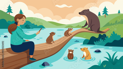 Straddling a fallen tree trunk I observe a family of playful otters and sketch their playful movements in the pristine river..