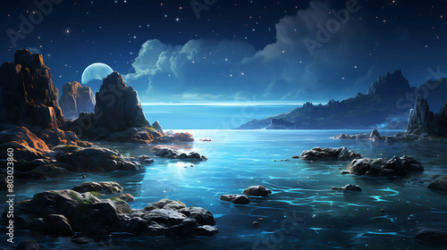 A secluded cove at high tide under a starry sky, where phosphorescent plankton illuminate the water, creating a magical, glowing effect around the rocks and sand.