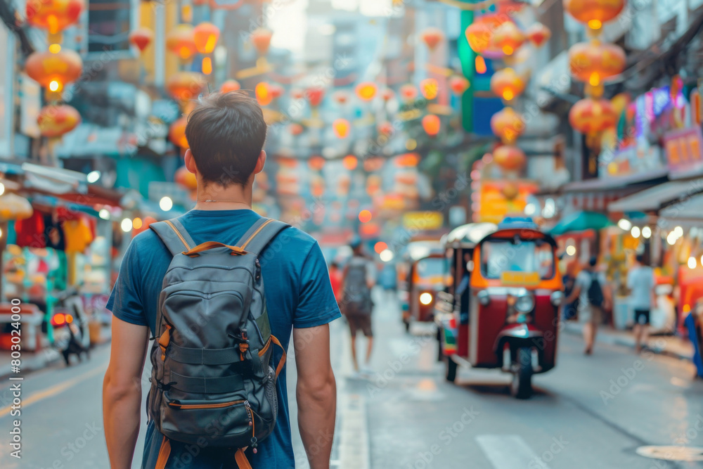Man in t-shirt with a backpack from his back walks along asian street. Back view of a man. Tuk tuks and an asian market on a blurred background. Daytime. Copy space Man in t-shirt with a backpack from his back walks along asian street. Back view of a man. Tuk tuks and an asian market on a blurred background. Daytime. Copy space