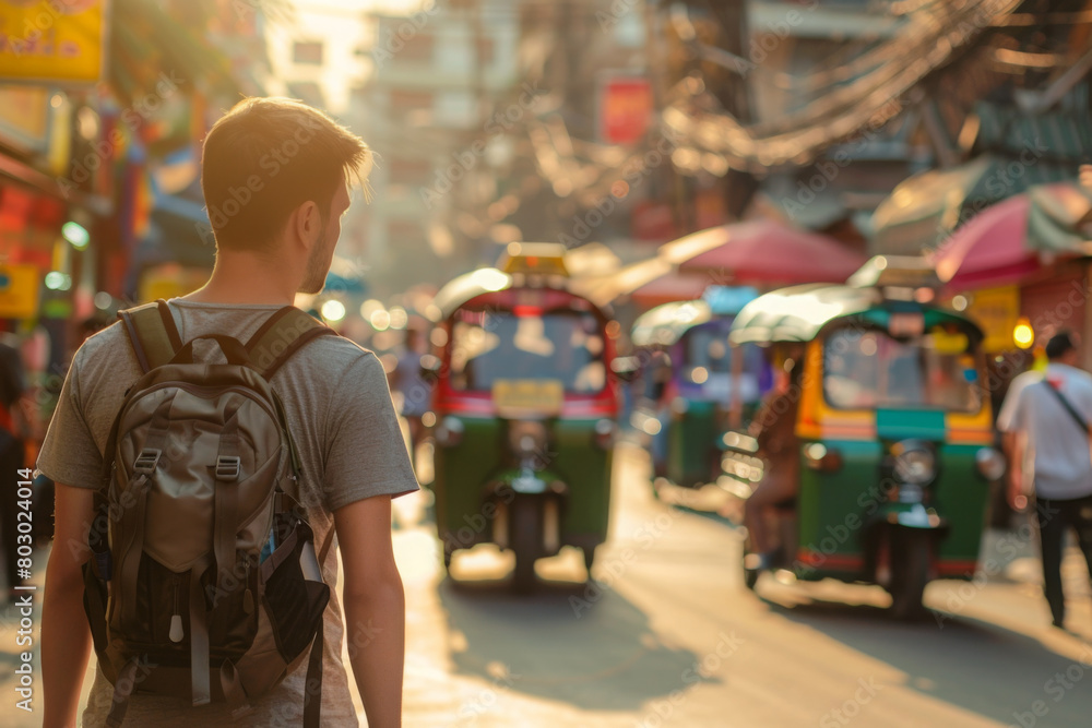Man in t-shirt with a backpack from his back walks along asian street. Back view of a man. Tuk tuks and an asian market on a blurred background. Daytime. Copy space