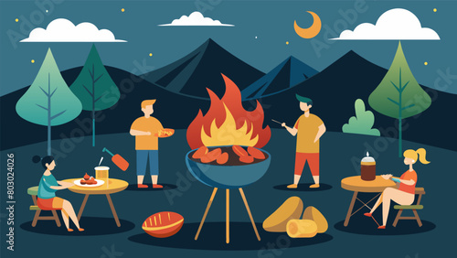 A community cookout with the mouthwatering aroma of grilled food accompanied by the warm glow of a nearby freedom bonfire.. Vector illustration