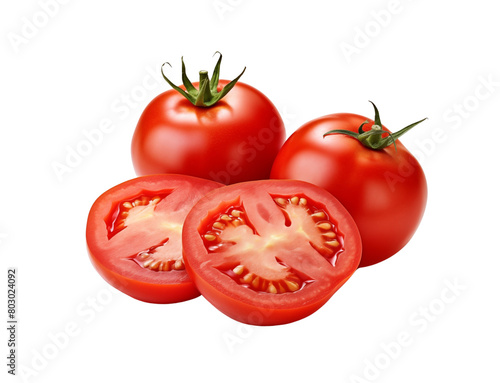 A ripe whole tomato with two succulent slices isolated on a transparent background, showcasing fresh produce. Generative AI