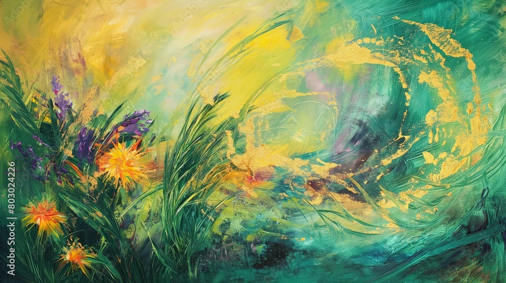 Vibrant abstract painting featuring swirling patterns and botanical elements in a spectrum of green, orange, and purple hues. Vibrant abstract painting featuring swirling patterns and botanical elements in a spectrum of green, orange, and purple hues.