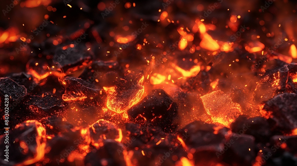 Glowing embers and sparks close-up in a dark environment.