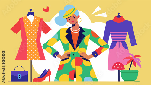 For a more playful look the stylist combines bold prints and bright colors in a mixandmatch outfit using thrifted items showing their client how to. Vector illustration