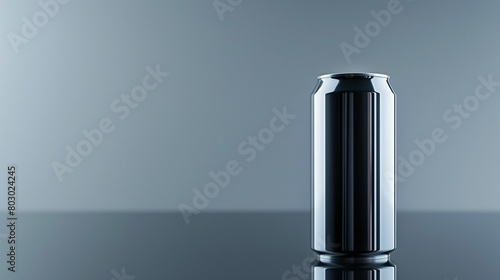Blank aluminum can on a glossy surface with soft lighting.
