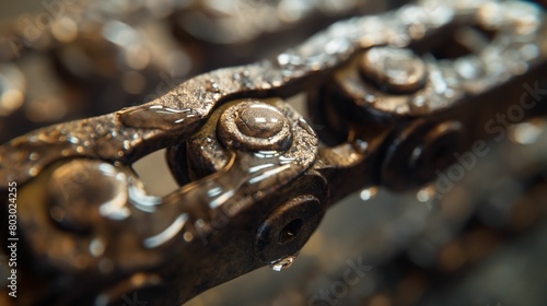 Image of a metallic bike chain with intricate details and oil droplets, set against a bokeh background.