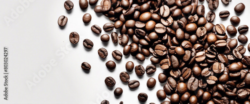roasted coffee beans, top view, isolated white background 