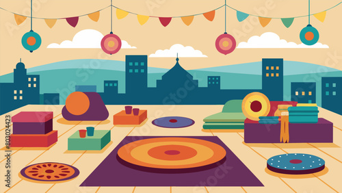The rooftop is decorated with a mishmash of colorful rugs floor cushions and lanterns giving off an eclectic vibe that matches the diverse range of Vector illustration