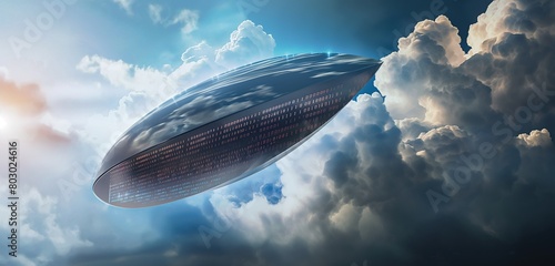 A sleek, metallic shield hovering in front of a massive cloud formation, symbolizing protection against cyber threats in the cloud.  photo