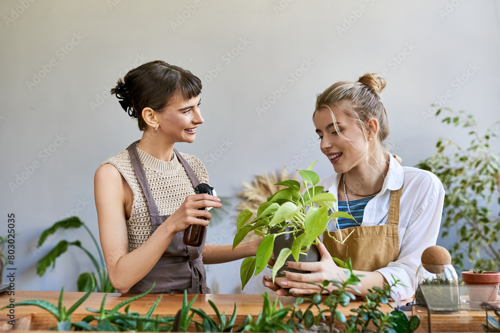 Obraz premium Lesbian couple in aprons appreciating greenery in art studio.