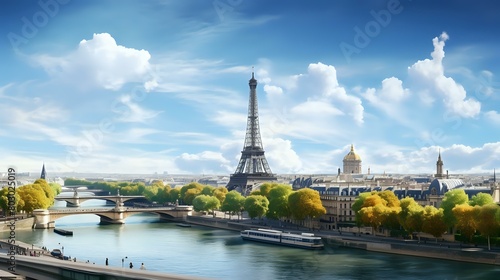 Iconic Paris: Aerial View of Eiffel Tower and Seine River Panorama