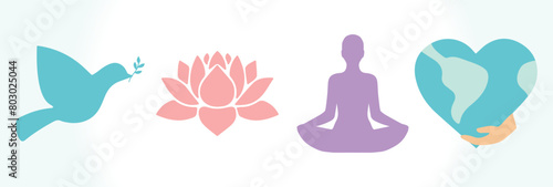 Mental health, love, peace, mind, human. Heart, planet, care. Flower, yoga, meditation, bird, flight. Mindfulness, therapy, relaxation. Vector icon set