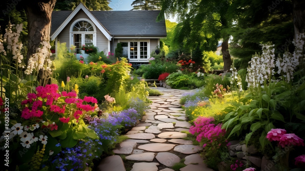 Tranquil Garden Vista: Summer Blooms, Stone Pathway in Cottage Retreat