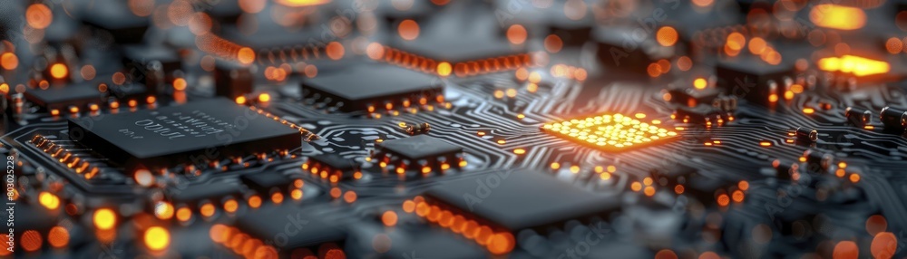 Hyper realistic render of electronic circuit boards being manufactured under magnification, suitable for electronics industry insights.