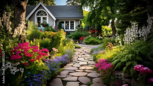 Tranquil Garden Vista: Summer Blooms, Stone Pathway in Cottage Retreat"