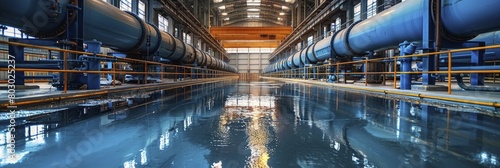 Explore the intricate workings of a water treatment plant, showcasing pipes and filtration systems for environmental engineering education. photo